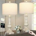 26" Farmhouse Table Lamps Set of 2, Rustic Touch Control Bedside Lamps with 2 USB Ports & AC Outlet, Vintage White Resin 3-Way Dimmable Nightstand Lamp Linen Fabric Shade for Living Room Bedroom Decor