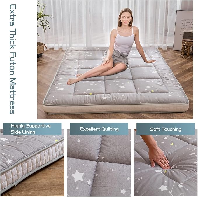 MAXYOYO Grey Constellation Futon Mattress, Twin Size Japanese Floor Mattress Quilted Bed Mattress Topper, Extra Thick Folding Sleeping Pad Breathable Guest Bed for Camping Couch