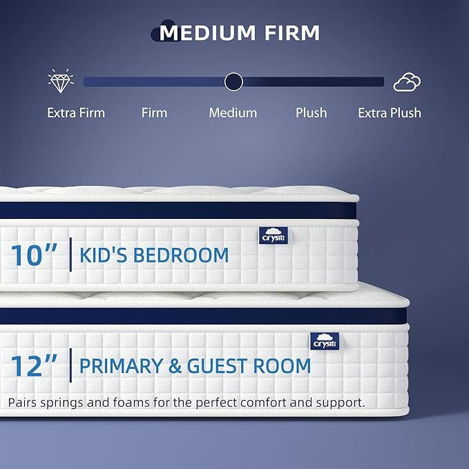Crystli Queen Size Mattress 12 Inch-Hybrid Mattress Bed in A Box, Medium Firm for All Sleepers, Pressure Pain Relief, Motion Isolation, Fiberglass-Free, Pocket Spring, Strong Edge Support