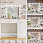 Irontar Vanity Desk, Makeup Vanity with 10 LED Lights & 4 Drawers, Brightness Adjustable, Dressing Table with 6 Open Storage, Makeup Table for Women, White WDT003W