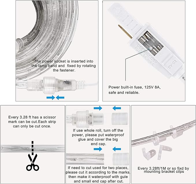 SURNIE Rope Lights Outdoor Waterproof Daylight White: LED 50FT Cuttable Outside Bright 110V Lighting Connectable Flexible Plug Cool Clear Tube, Indoor Deck Patio Xmas Camping Decor, Not Flat Strip