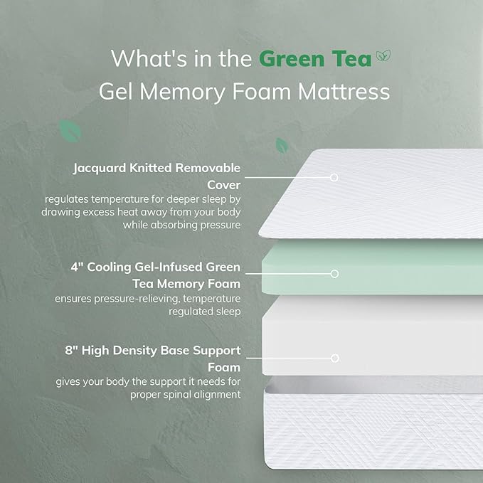 EGO White 12 inch Queen Memory Foam Mattress, Gel Green Tea Mattress Bed in a Box, Made in USA, CertiPUR-US Certified, Double Mattress, 60"×80", Medium Firm