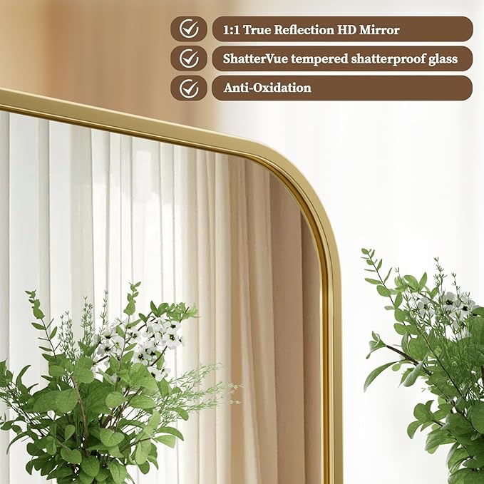 BEAUTYPEAK Gold Rectangular Bathroom Mirror - 30" x 40" Wall Mounted Aluminum Alloy Frame Mirror with Rounded Corners for Bedroom Living Room, Horizontal or Vertical