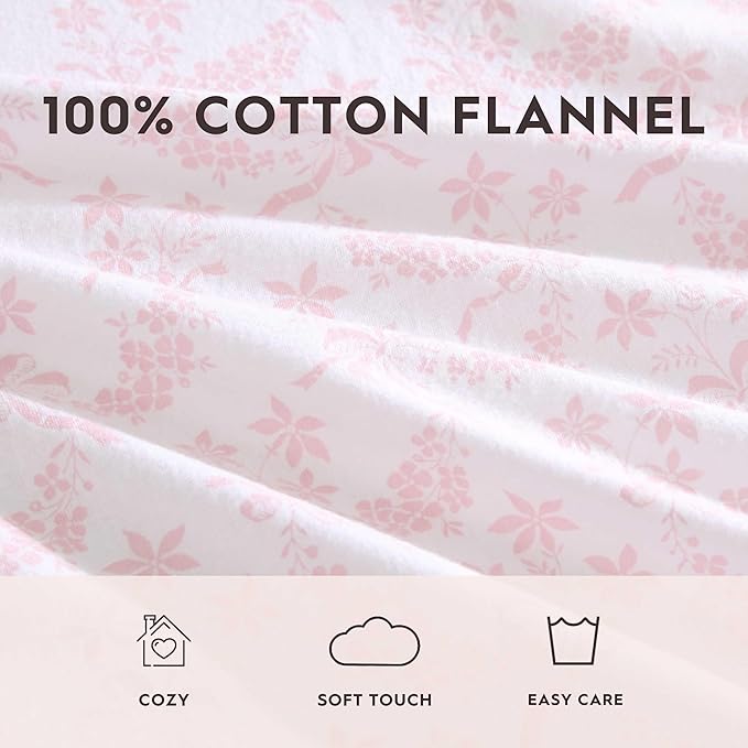 Laura Ashley - Flannel Sheets King Size, Anti-Pilling & Wrinkle Resistant Cotton, Touchably Soft for All-Season Comfort - Bed Sheets with Matching Pillowcases & Fitted Sheet (Antoinette Pink)