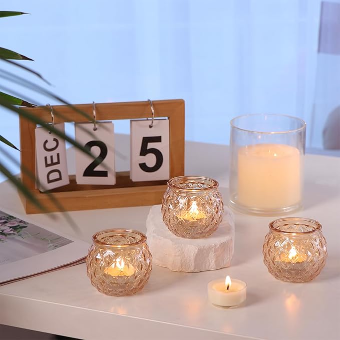 DARJEN 48Pcs Gold Votive Candle Holders - Round Glss Candle Holders Bulk for Table Centerpiece, Tea Lights for Wedding Shower, Party & Home