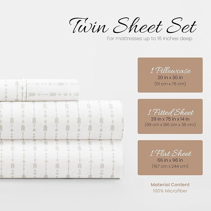 Linen Market Double-Brushed Patterned Microfiber Twin Sheet Set 3 Piece – Oeko-TEX Certified Ultra Soft & Wrinkle-Free - 16" Deep Pocket Sheets - Easy Care Twin Size - Beaded Arrows Light Gray