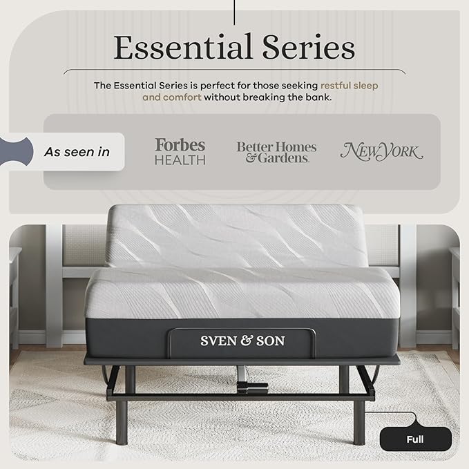 Sven and Son Essential Adjustable Bed Base (Frame) + 10 inch Memory Foam Matt (Firm), Easy Assembly, Head and Foot Lift, Memory Positions, Zero Gravity, Wireless Remote - Full