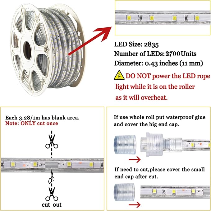 150ft Flat Outdoor Rope Lights Waterproof: 110V Cool Warm White LED Strip Light - Cuttable Connectable Lights for Deck Patio Stairs Backyards Commercial Decor Lighting, Not Tube Rope