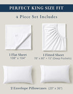 LANE LINEN 100% Organic Cotton King Size Sheets Set, Soft & Comfy All Season Breathable Sheets King Size, Percale Weave Fully Elasticized Eco Friendly Naturally Cooling King White Bed Sheets