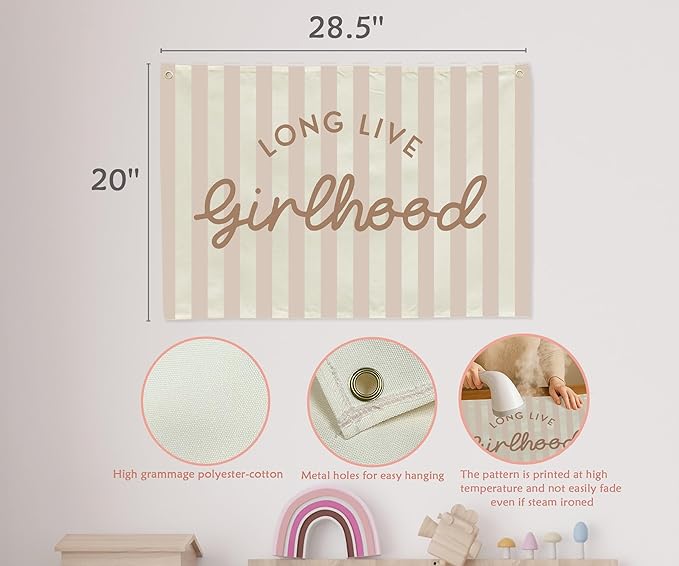 Girls Room Decor Long Live Girlhood Canvas Banner Hanging Flag Vintage Banner for Nursery Playroom Wall Decor for Kids Bedroom Dorm Toddler Decorations Trendy Room Decor Baithday Christmas Gift