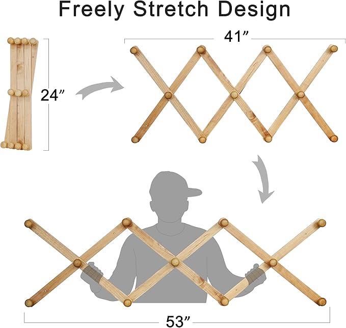 SKOLOO Hat Rack for Wall with 11 Hooks, 24 inch Solid Wooden, Modern, Huge Coat Rack Wall Mount for Coats, Hats, Bags, Cowboy Caps, Baseball Caps, Natural on White