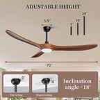 Obabala Ceiling Fans with Lights and Remote, 70inch Outdoor Ceiling Fan 3 Solid Wood Blades Fan with 3 Downrods for Patios, Modern Ceiling Fan with Noiseless Reversible DC Motor (Solid Wood, 70in)