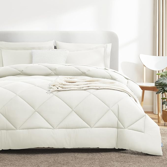 CozyLux Queen Comforter Set Ivory - Bed in a Bag Queen Size 7 Pieces, Luxury Soft Bed Set for All Seasons, Bedding Set with Down Alternative Comforter, Sheets, Pillowcases & Shams