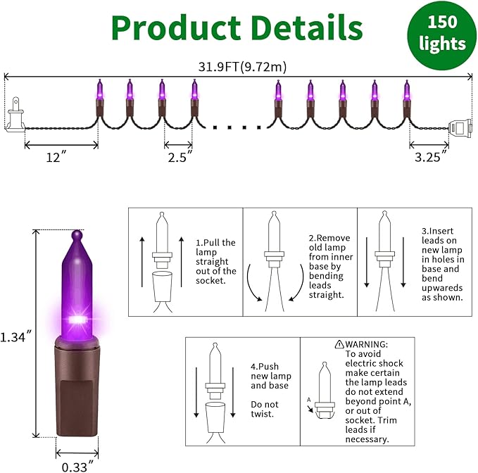 LAMPHOME Super-Bright Extendable Purple Christmas Lights Decoration 150Lights 31.9ft UL Certified Mini Bulb String Lights Set for Outdoor Halloween Home Christmas Tree Garden Holiday Party Patio Decor