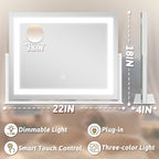 Vanity Mirror with Lights 22"x18", Lighted Makeup Mirror with 10X Magnification, Smart Touch 3 Colors Dimmable, 360° Rotation, Women Gift, Dresser Mount, Bathroom (White)