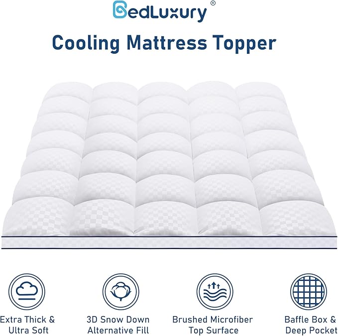 California King Mattress Topper Extra Thick Pillowtop Cooling Mattress Topper Plush Mattress Pad Cover Protector with 8-21 Inch Deep Pocket 3D Snow Down Alternative Fill White