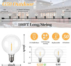 100ft Outdoor G50 LED Globe String Lights Dimmable Waterproof Shatterproof Light Strings with 52 Bulbs Connectable Commercial Hanging Lights for Christmas Patio House Backyard Balcony Party