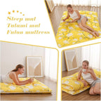 Japanese Floor Mattress, Futon Mattress with Portable Storage Bag and Washable Cover, Roll Up Thick Tatami Mat Suitable for Camping, Guest Room, Yellow Flower, Twin