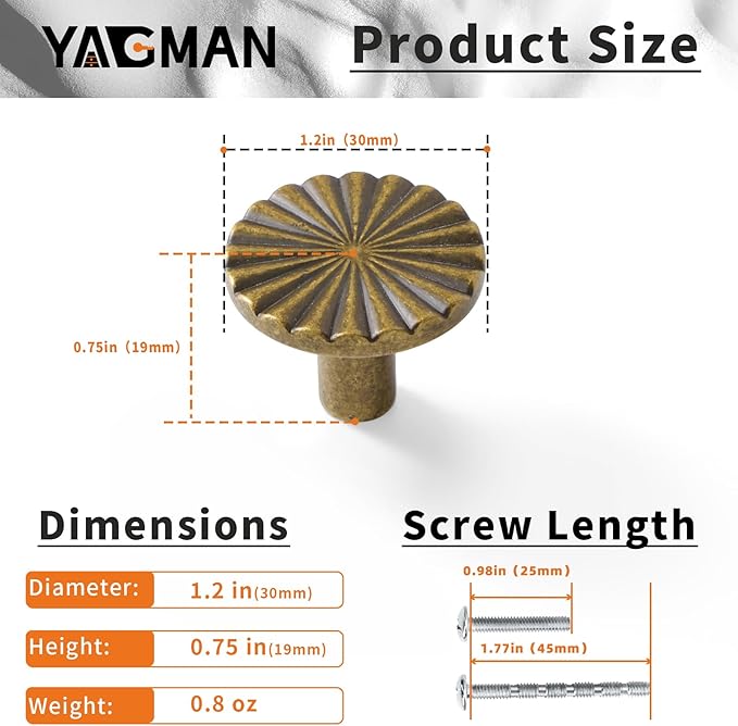 10 Pack Kitchen Cabinet Knobs Round Sunflower Dresser Knob Modern Drawer Hardware Cupboard Handles Furniture Knob for Bathroom Single Hole Knobs for Wardrobe Antique Brass TYH-AB-K10