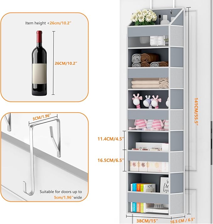 Over The Door Organizer - Over Door Storage Organizer with 5 Large Pockets & 10 Mesh Side Compartments - Heavy-Duty Hanging Storage for Bathroom, Bedroom & Closet - Baby Room Organize Solution