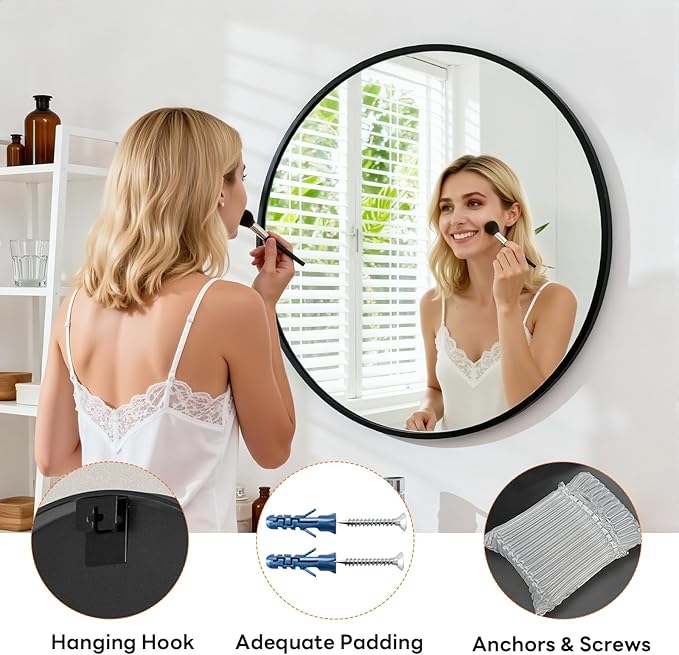 Sweetcrispy Round Bathroom Mirror 20 Inch Black Metal Framed Wall Mounted Circle Vanity Mirror for Bathroom, Bedroom, Living Room, Entryway, Anti-Rust, Modern Decorative, Hanging or Leaning