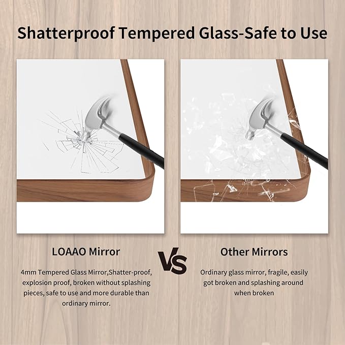 LOAAO 48X40 Inch Bathroom Mirror with Wood Grain Colored Metal Frame, Rounded Rectangle Metal Framed Bathroom Mirror, Anti-Rust, Hangs Horizontally or Vertically, Tempered Glass