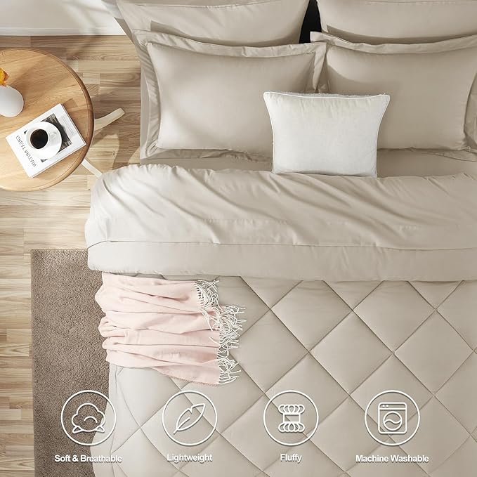 CozyLux Full Size Comforter Sets Oatmeal - 7 Pieces Bed in a Bag Full, Luxury Soft Bed Set for All Seasons, Bedding Set with Down Alternative Comforter, Sheets, Pillowcases & Shams