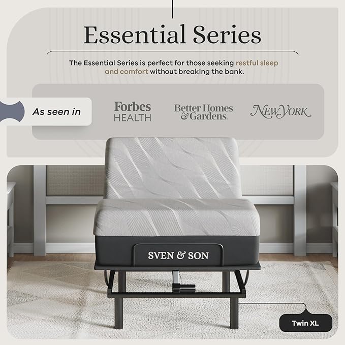 Sven and Son Essential Adjustable Bed Base (Frame) + 14 inch Hybrid Spring Matt (Medium Soft), Easy Assembly, Head and Foot Lift, Memory Positions, Zero Gravity, Wireless Remote - Twin XL