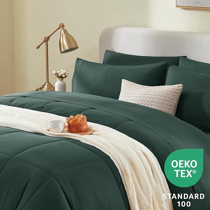 CozyLux King Size Comforter Set Forest Green, 7 Pieces Bed in a Bag, Green Comforter King Size, All Season Bedding Sets with Stitch Quilted Comforter, Flat Sheet, Fitted Sheet, Pillowcases