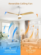 Sofucor 52 Inch Smart Ceiling Fans with Lights and Alexa/Google Assistant/APP/Remote Control-Modern Solid Wood Outdoor 3 Blades Ceiling Fan for Bedroom Living Room Indoor Farmhouse Patio, Natural Wood