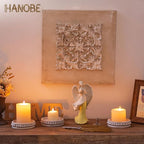 Hanobe Wood Plate Candle Holder: Small Candle Plate Set of 3 Decorative White Washed Beaded Holders Tray Round Candle Stick Holders Farmhouse Table Centerpiece for Fireplace Dining Room Home Decor