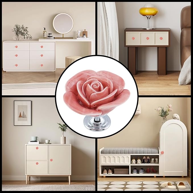 8PCS 1.57" × 1.3" Ceramics Peach Rose with Base Knobs Flower Shaped Pulls for Cupboard Drawer with 2 Kinds of Screws