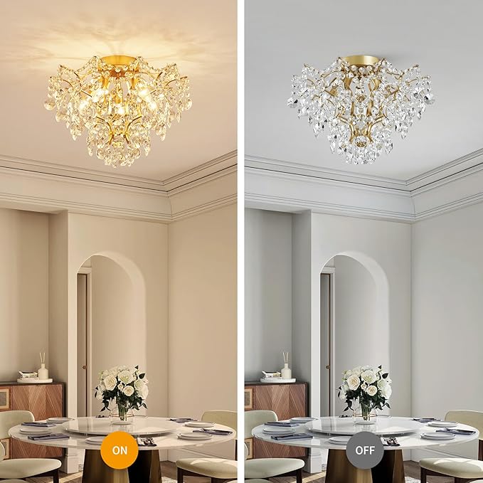 WUZUPS 5-Light Crystal Chandelier Flushmount Ceiling Light Modern Lighting Fixture for Bedroom Hallway Bar Kitchen Bathroom, H 12" W 15.4", E12 Base, Gold