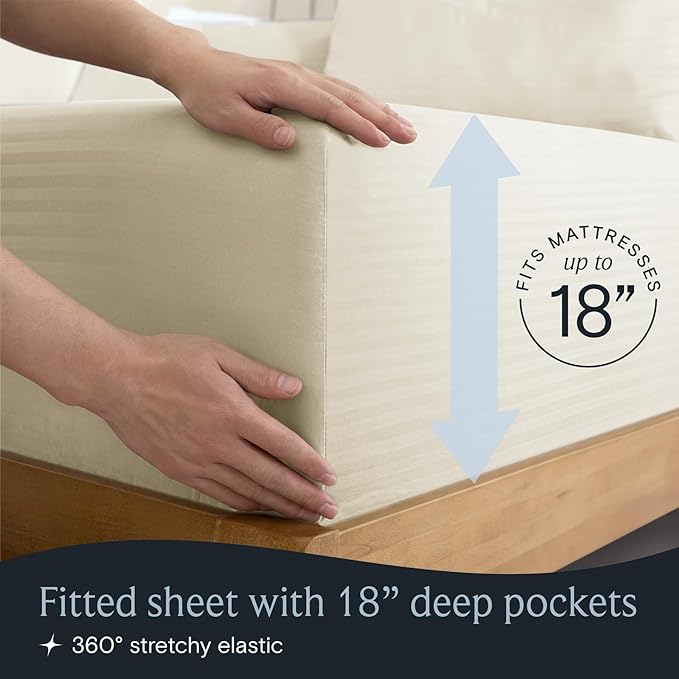 LuxClub 4 PC Queen Size Sheet Set Bed Sheets, Breathable Luxury Deep Pockets Wrinkle Free Cooling Sheets Machine Washable Hotel Bedding (Queen, Striped Cream)
