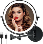 Rechargeable Wall Mounted Lighted Makeup Vanity Mirror 8 Inch Double Sided 1X 10X Magnifying Bathroom Mirror, 3 Color Lighting, Touch Screen Dimming, 360 Rotation Shaving Matte Black