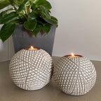 Luca Orb Tea Light Candle Holders (Gift Boxed Set of 2) Grid Pattern, Beige and White