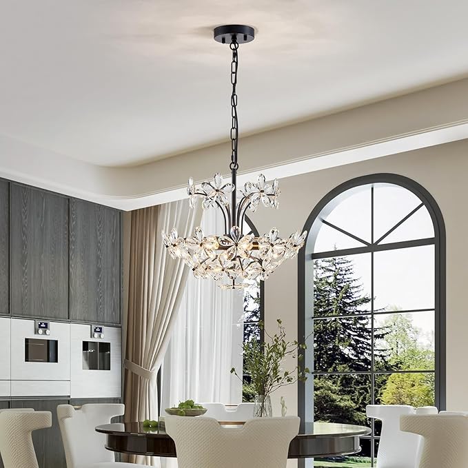 WUZUPS Crystal Chandelier Pendant Flushmount Ceiling Light Modern Lighting Fixture for Bedroom Hallway Bar Kitchen Bathroom, H 15.7" x W 17.7", Black, E12 Base