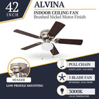 Prominence Home Alvina, 42 Inch Traditional Flush Mount Indoor LED Ceiling Fan with Light, Pull Chain, Dual Finish Blades, Reversible Motor - 80029-01 (Brushed Nickel)