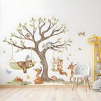 Jungle Animal Wall Stickers Big Tree Fox Sika Deer Safari Wall Decals Kid Room Nursery Baby Bedroom Décor