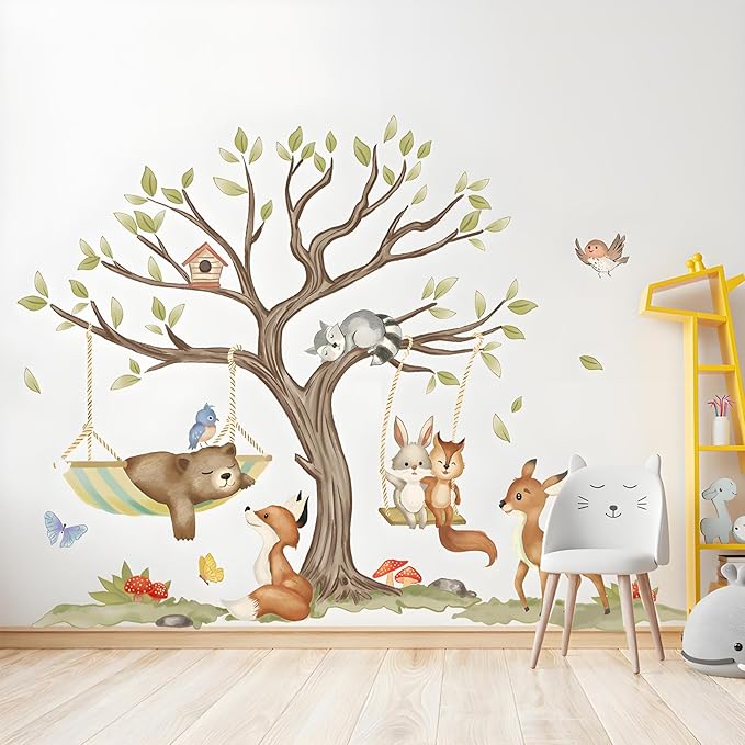 Jungle Animal Wall Stickers Big Tree Fox Sika Deer Safari Wall Decals Kid Room Nursery Baby Bedroom Décor