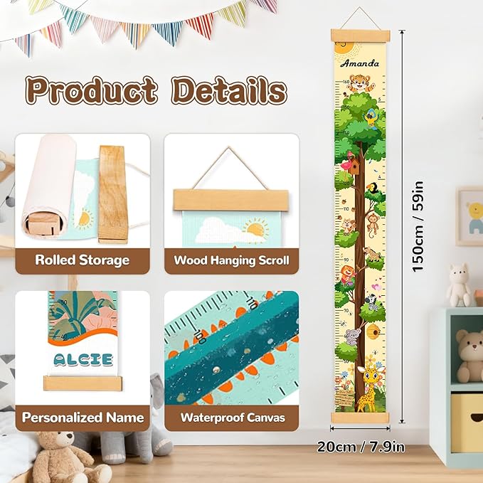 Personalized Wooden Forest Animal Tree Growth Chart, Canvas Height Growth Chart for Baby, Kids Measuring Chart for Wall, Kids Room Wall Decor, Removable & Waterproof Growth Chart Ruler