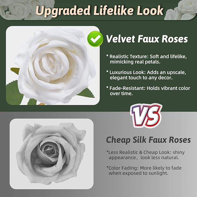 Roses Artificial Flowers 10 Pack in Bulk, White Fake Roses Flowers Realistic Roses for Wedding Home Party Decoration Event Gift