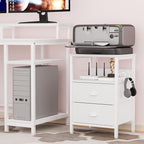Furologee Nightstand Bedside Table with 2 Fabric Drawers, White Side Table with 2-Tier Shelf, Night Stand with Hooks, for Bedroom, Living Room, Backboard Design, Wooden Top, Metal Frame, White