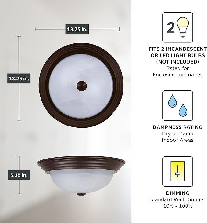Designers Fountain 13 inch, Modern 2-Light Flush Mount Ceiling Light Fixture, Alabaster Glass Shade, for Bedroom, Hallway, Indoor Room Lighting, Durable Steel, Easy Install, Bronze, 1257M-ORB-AL