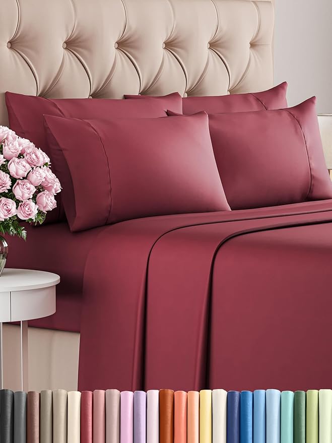 Cal King 6 Piece Sheet Set - Comfy Breathable & Cooling - Ultra-Soft Hotel Luxury Bedding Set w/ 8-16 Inch Deep Pockets - 1 Flat & 1 Fitted Sheet & 4 Pillowcases - Wrinkle Free & Easy Care - Burgundy