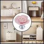 8PCS 1.57" × 1.3" Ceramics Light Pink Rose with Base Knobs Flower Shaped Pulls for Cupboard Drawer with 2 Kinds of Screws