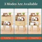 Yoobure Modern Nightstand with Fabric Drawer, Bedside Tables, Mid Century Nightstand with Open Storage Shelf, Wood Bedside Table, Small Night Stands for Bedrooms, 2-Tier Night Table