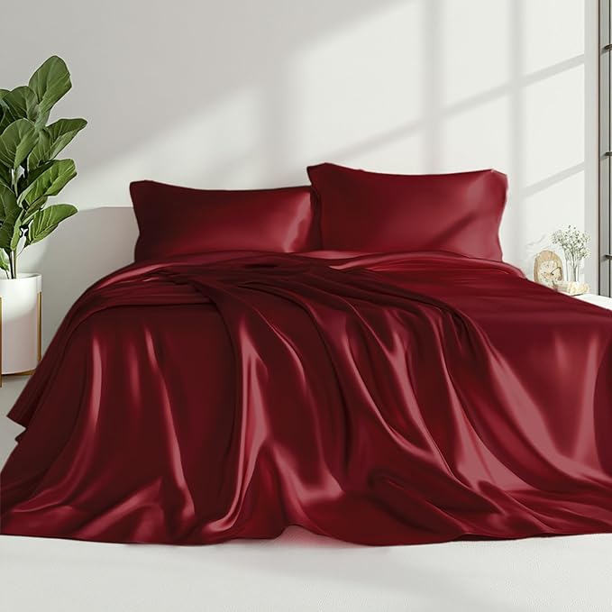 Love's cabin Full Size Satin Sheet Sets - 4 Piece Burgundy Silky Satin Sheet Set Full with Deep Pocket, Luxury Silk Feel Satin Bed Sheets Full Bedding Set (1 Flat Sheet,1 Fitted Sheet,2 Pillow Cases)
