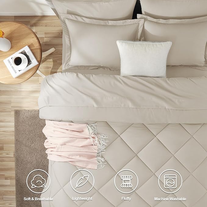CozyLux California King Comforter Set Beige - Cal King Bed in a Bag 7 Pieces, Luxury Soft Bed Set for All Seasons, Bedding Set with Comforter, Sheets, Pillowcases & Shams