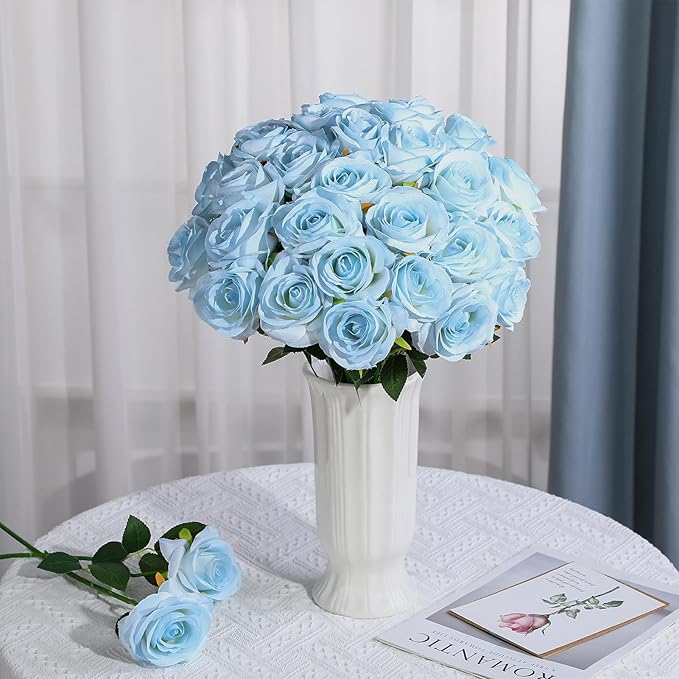 68 Pcs Ice Blue Artificial Roses Fake Flowers,Silk Flowers with Stems for DIY Wedding Bridal Shower Centerpieces Arrangements Tables Decorations